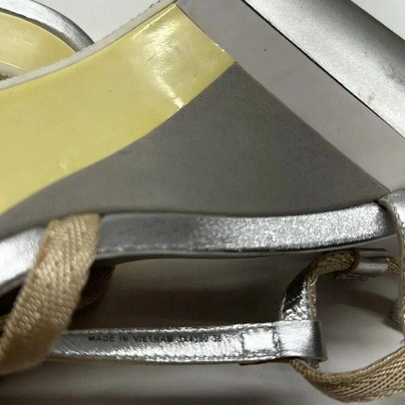 Prada Wedges T-Strap Open Toe High Heel Shoes Leather Yellow Silver Size 38 US 8 - Picture 11 of 12